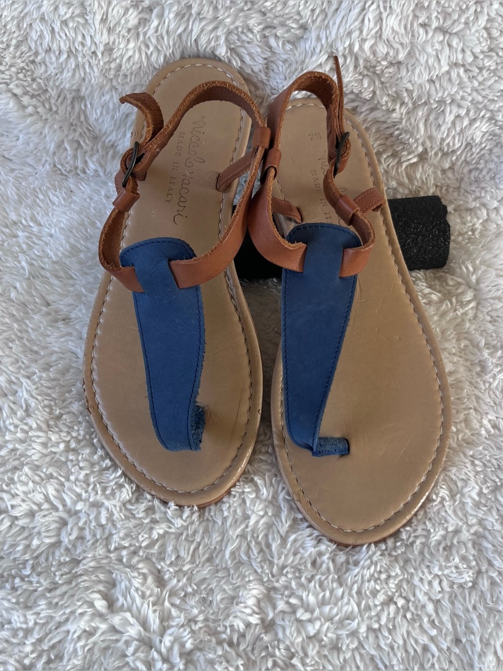 Niccolo Vacari Two-Toned Blue & Brown
Leather Thong T-Strap Sandals Flats 7.5